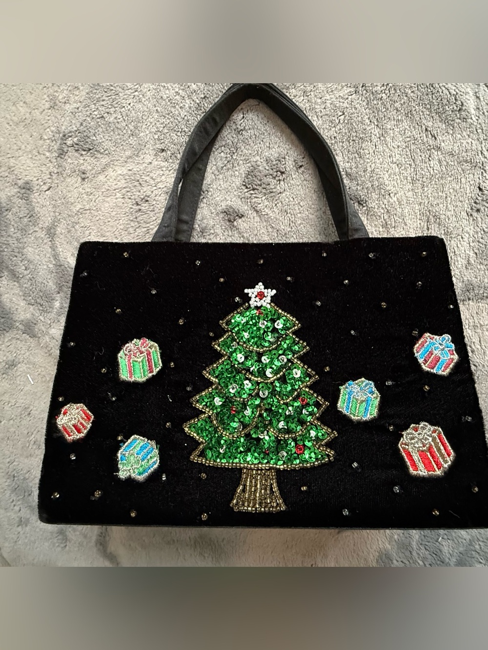 Black Velvet Sequin Holiday Tree Mini Bag with Gift Accents